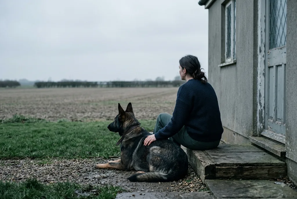 A person sitting on the back step of a rural house with an adult sable German Shepherd lying beside them, both looking out across a field