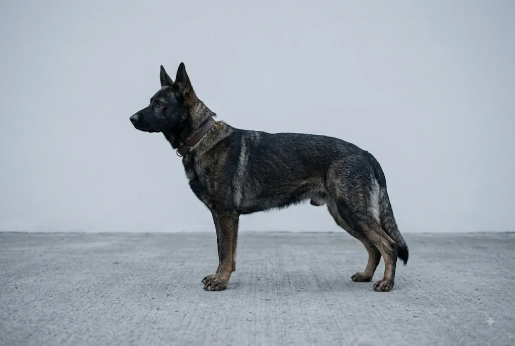 An adult sable German Shepherd standing square in side profile against a plain grey background