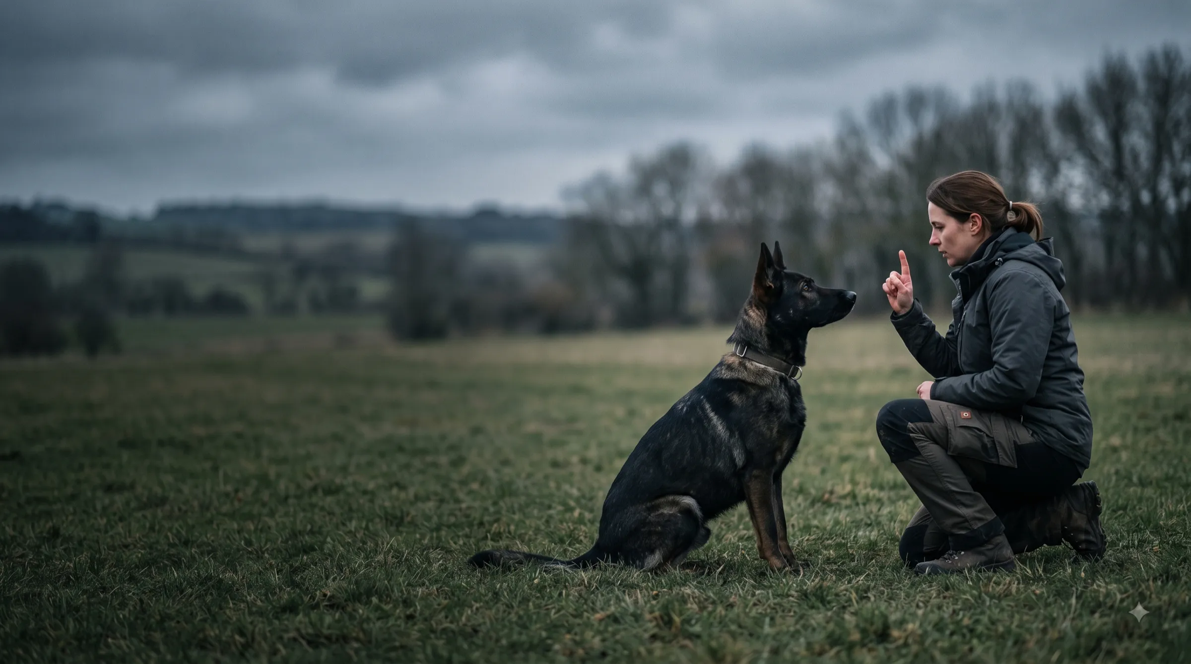 A handler kneeling to give a hand signal to a German Shepherd sitting in front of them