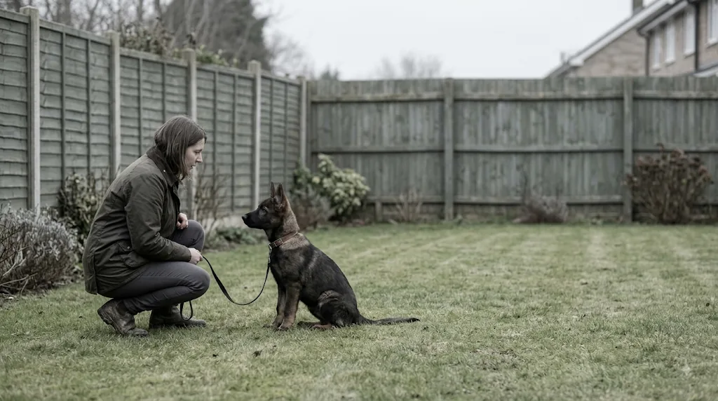 A handler crouched in a back garden with a young sable German Shepherd sitting facing them during a short training session